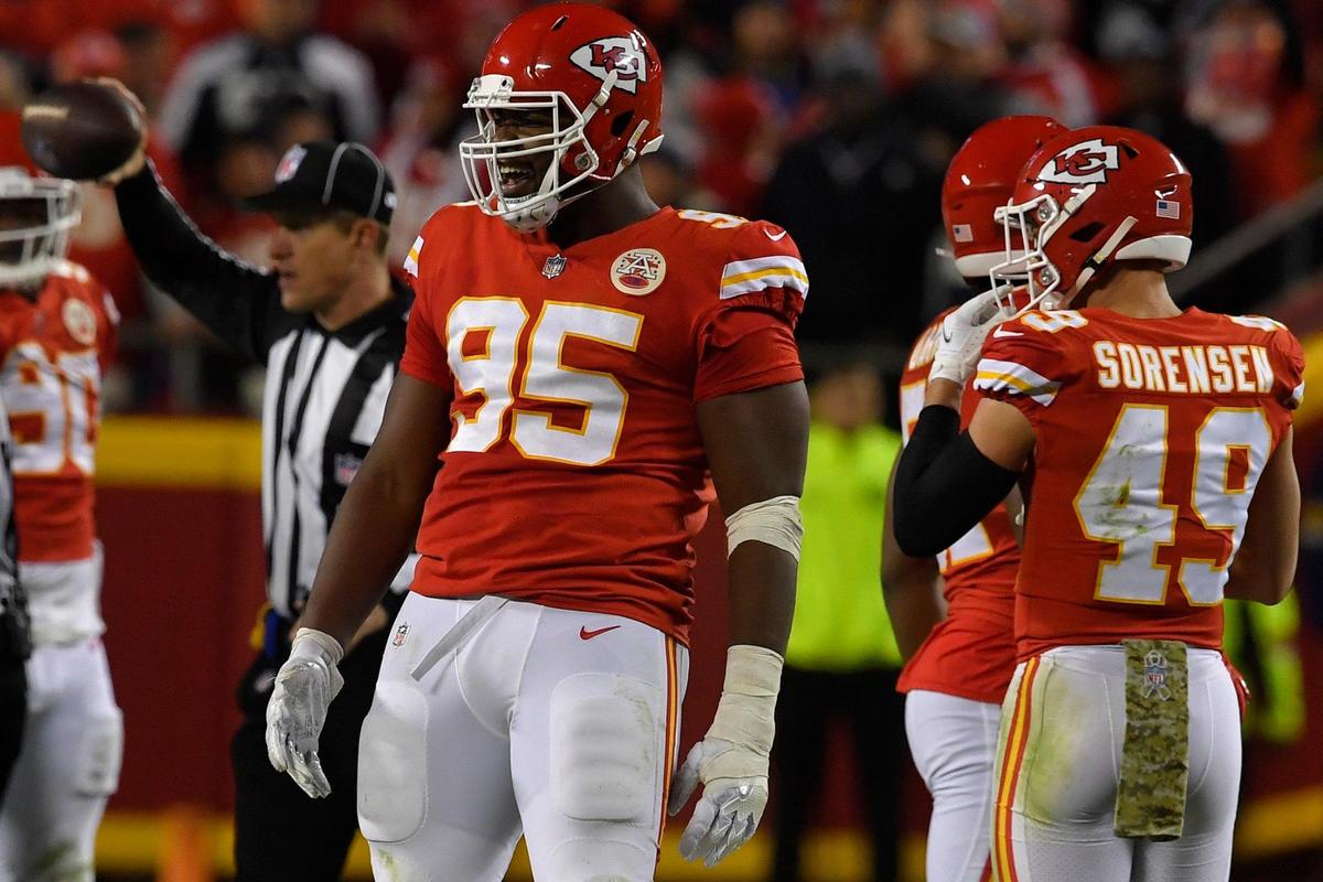 After sacking Dallas quarterback Dak Prescott, Kansas City Chiefs defensive tackle Chris Jones stares at the Dallas bench during the fourth quarter of Sunday’s NFL game at Arrowhead Stadium.