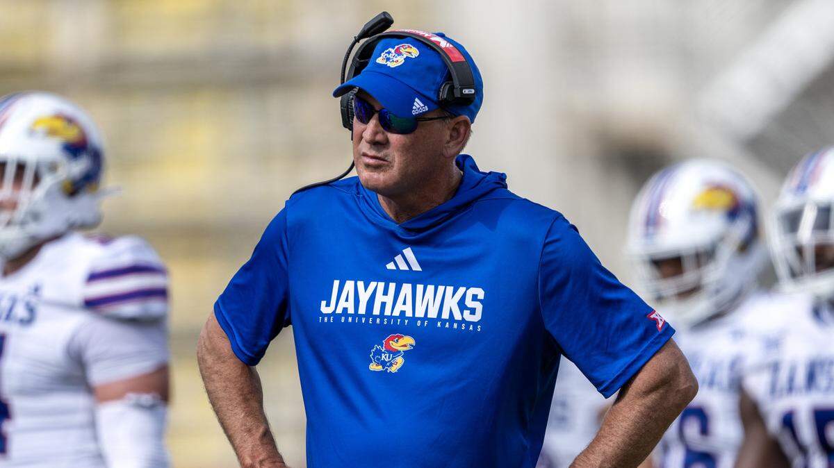 Kansas head coach Lance Leipold watches from the sideline during a game against the Missouri Tigers at Faurot Field at Memorial Stadium on Saturday, Sept. 6, 2025, in Columbia.