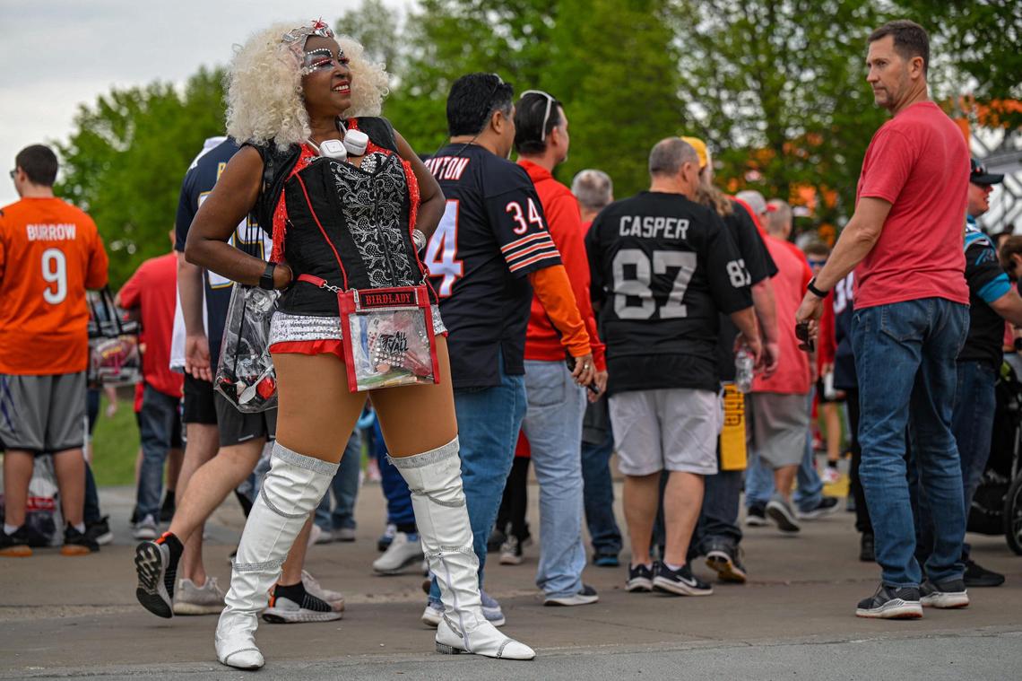 Carolyn Bird Lady, of Atlanta strikes a pose at the NFL Draft Experience Thursday, April 27, 2023, at the National WWI Museum and Memorial in Kansas City.&nbsp;She has been in costume as Bird Lady for 25 years.&nbsp;&nbsp;On game days takes her 6-8 hours to do her make up.