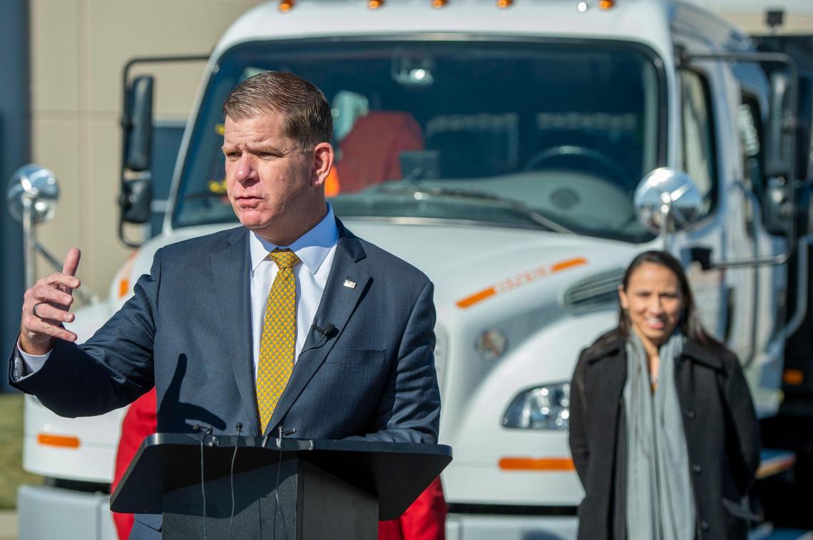 U.S. Labor Secretary Marty Walsh spoke during a press conference after he and Rep. Sharice Davids, right, took a tour at Kansas CDL Testing Center on Wednesday, Oct. 19, 2022 in Edgerton, Kansas.