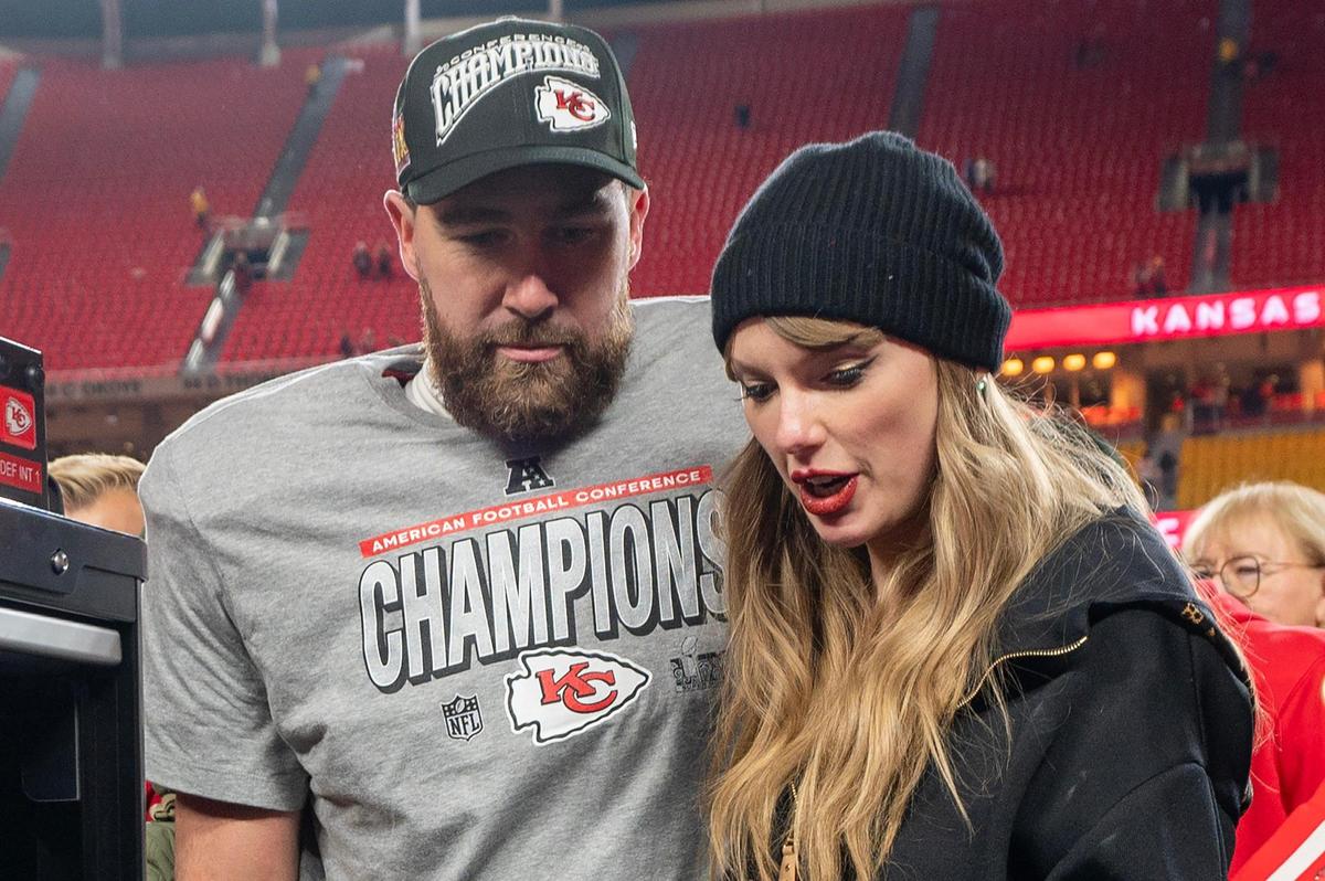 Kansas City Chiefs tight end Travis Kelce and Taylor Swift walk off the field after the trophy ceremony following the Chiefs’ 32-29 victory over the Buffalo Bills in the AFC Championship Game on Jan. 26, 2025, at GEHA Field at Arrowhead Stadium.