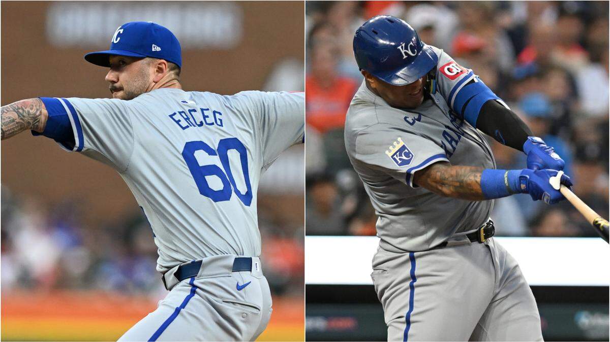 Lucas Erceg (left) and Salvador Perez played a key role in the Kansas City Royals defeating the Detroit Tigers on Aug. 2, 2024.