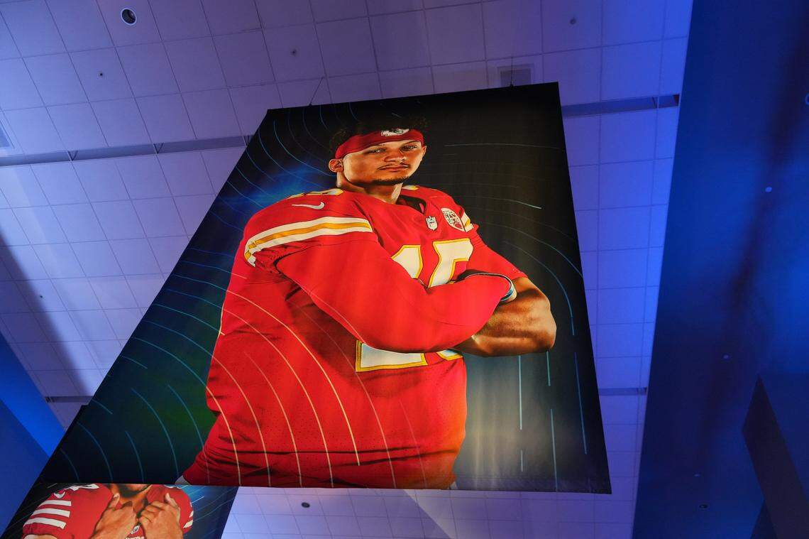 A large poster of Kansas City Chiefs quarterback Patrick Mahomes hung near the red carpet at Symphony Hall in Phoenix at Thursday night’s NFL Honors award show.
