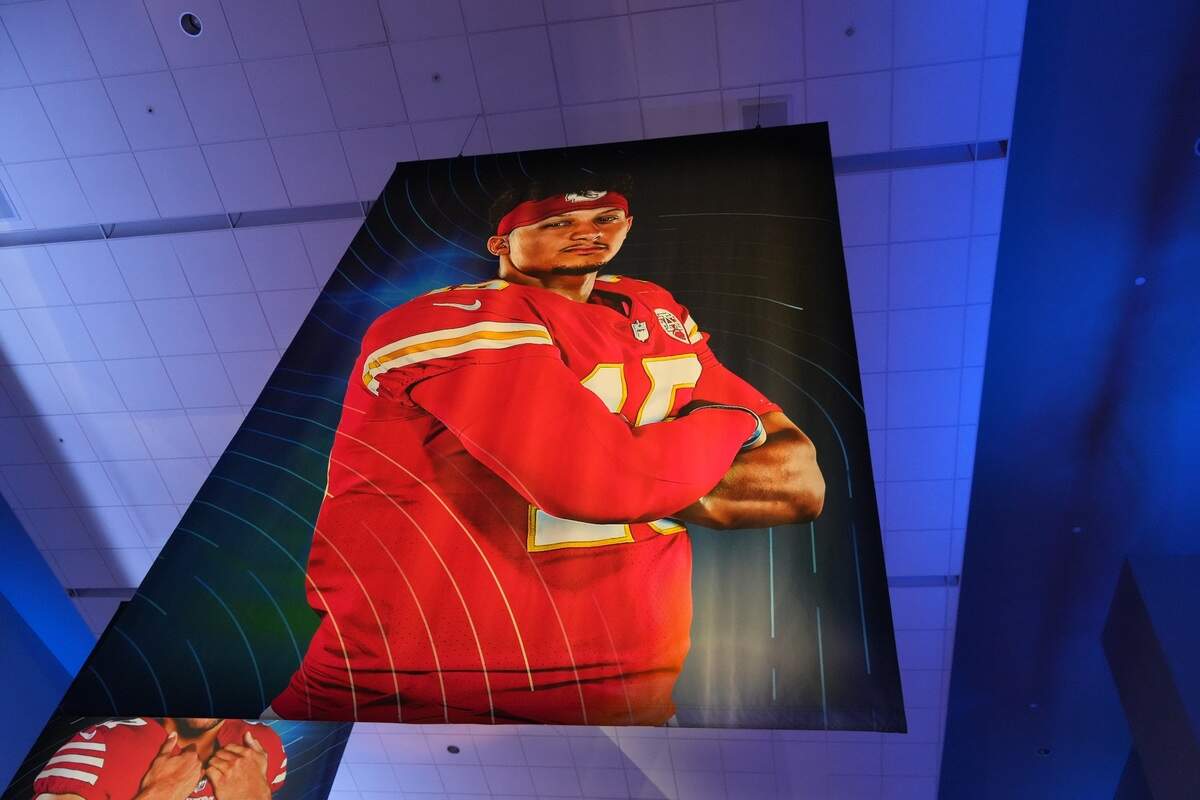 A large poster of Kansas City Chiefs quarterback Patrick Mahomes hung near the red carpet at Symphony Hall in Phoenix at Thursday night’s NFL Honors award show.
