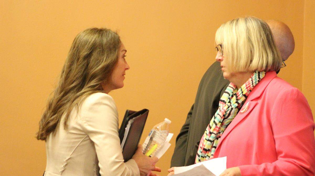 In the 2021 file photo, Rep. Kristey Williams (R-Augusta), left, and Sen. Molly Baumgardner (R-Louisburg), right, discuss a plan for K-12 education funding and policy.