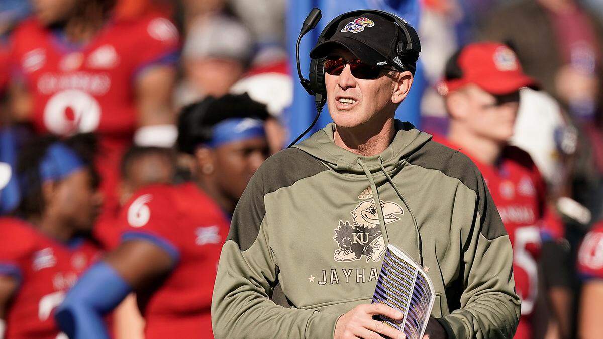 Kansas head coach Lance Leipold watches from the sidelines during the first half of a game against Kansas State Saturday, Nov. 6, 2021, in Lawrence, Kan.