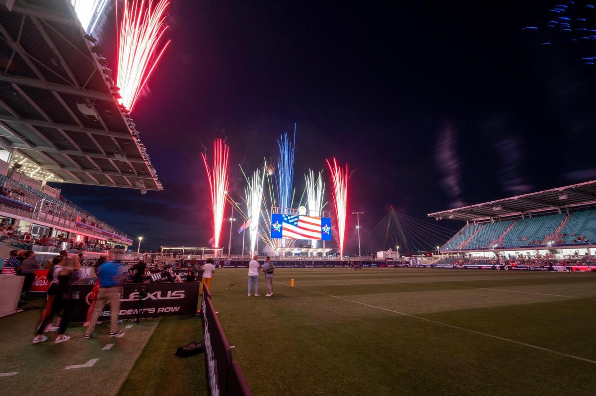 Fireworks from a Fourth of July show burst above CPKC Stadium, seen from behind the scoreboard looking toward the Missouri River, following the Maybelline Women’s Lacrosse League All-Star Game on Friday, July 4, 2025, in Kansas City.