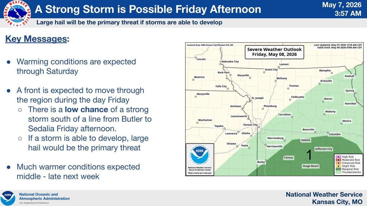 A cold front is expected to move through the Kansas City region on Friday, bringing the chance for rain. There is a low chance of a strong storm south of a line from Butler to Sedalia in the afternoon. If a storm can develop, large hail would be possible, the National Weather Service said.