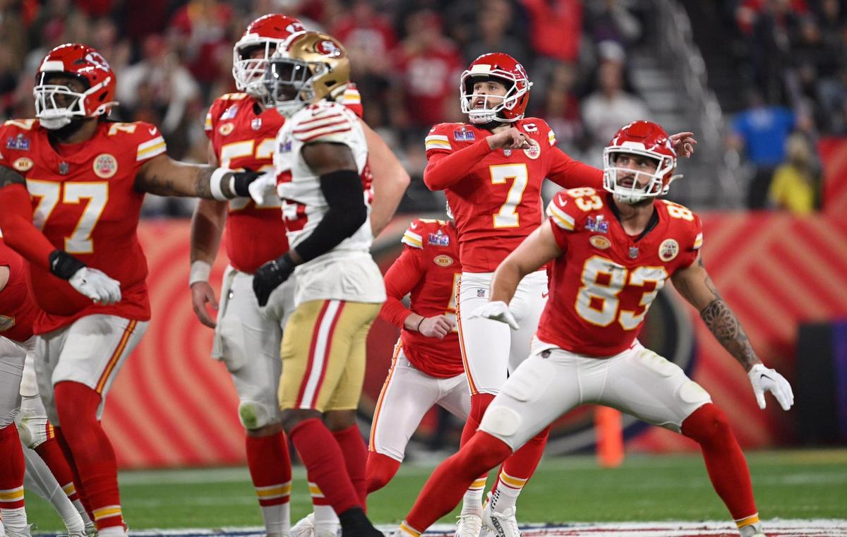 Kansas City Chiefs place kicker Harrison Butker (7) watches his 57-yard Super Bowl record-long field goal make it through the uprights while playing the San Francisco 49ers in Super Bowl LVIII, Sunday, Feb. 11, 2024, in Las Vegas.