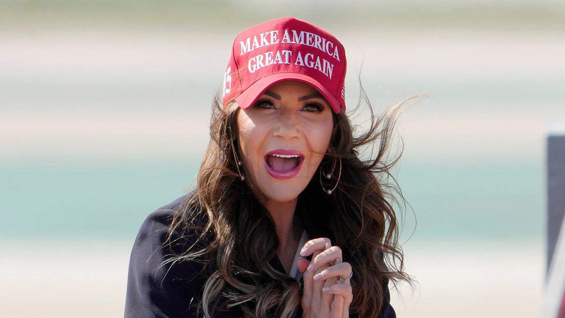 March 16, 2024; Dayton, Ohio, USA; South Dakota Gov. Kristi Noem made an appearance ahead of former President Donald Trump to campaign outside Wright Bros. Aero Inc. at the Dayton International Airport for U.S. Senate candidate Bernie Moreno on Saturday.