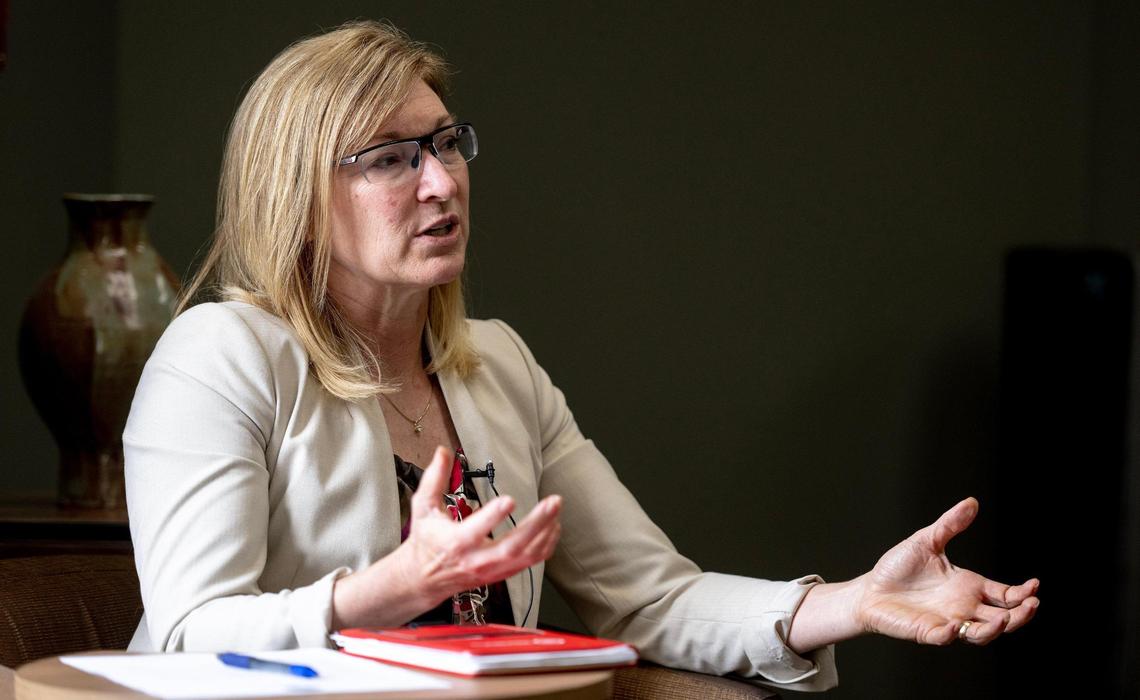 Jackson County Prosecutor Jean Peters Baker speaks during an interview on Tuesday, June 13, 2023, in Kansas City. Peters Baker wrote a letter asking Gov. Mike Parson to not pardon KCPD detective Eric DeValkenaere, who was convicted in 2021 of second-degree involuntary manslaughter and armed criminal action in the fatal shooting of Cameron Lamb.