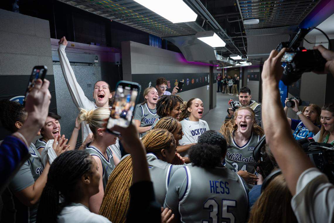 The Kansas State Wildcats celebrate the win over Oklahoma State during the Big 12 Women’s Basketball Tournament at the T-Mobile Center on Friday, March 6, 2026 in Kansas City, Missouri. The Wildcats now head to the semifinals of the tournament.