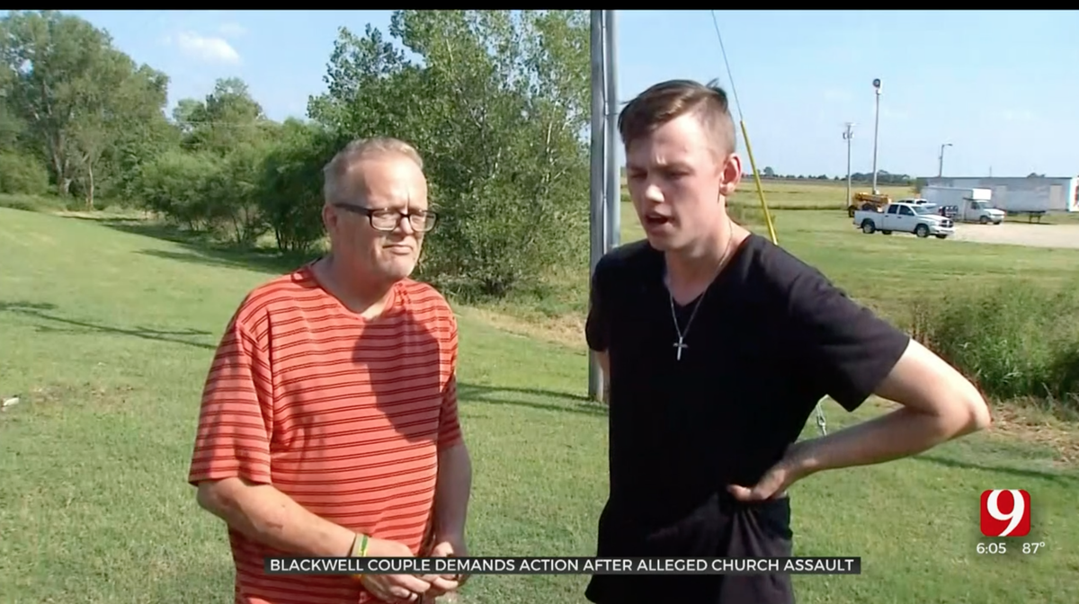 A same-sex couple in Oklahoma say church members tried to hold them down when they attended a service.