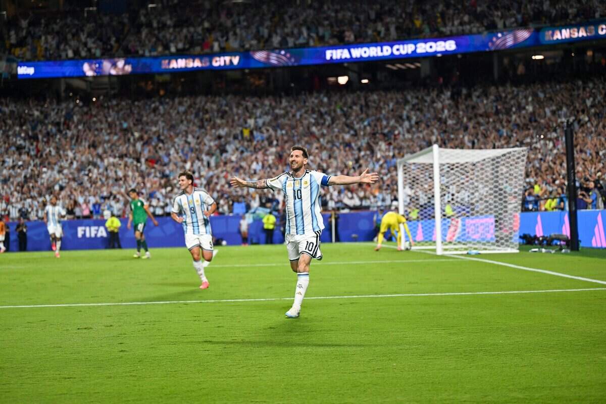 Argentina forward Lionel Messi (10) celebrates after his second goal in the Argentina vs. Algeria FIFA World Cup group-stage soccer match at Kansas City (Arrowhead) Stadium in Kansas City on Tuesday, June 16, 2026.