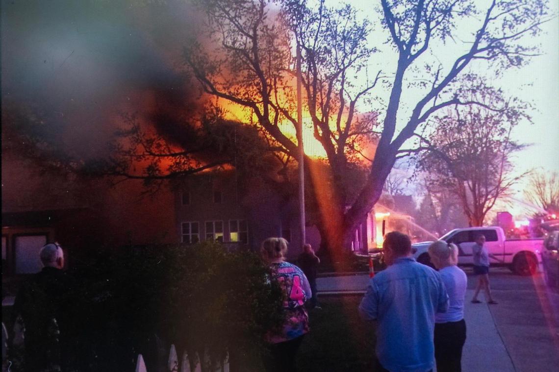 Photo immediately following an April 9 gas line explosion at 17th Street and Franklin Avenue in Lexington, Missouri. Cell photo snapped by Luke Peckham, 14, and shared from the cell phone of his father, Jacob Peckham.