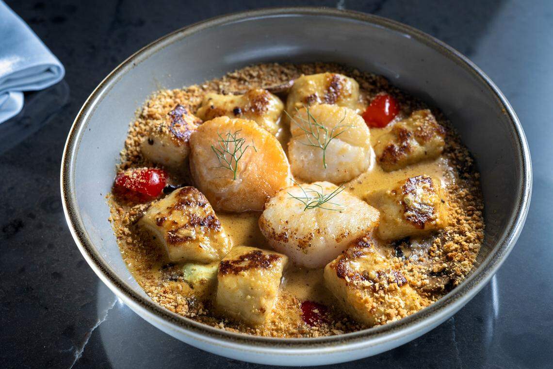 Gnocchi + Scallops in a moilee coconut curry with pancetta on the menu at Of Course Kitchen & Co., 7753 W. 159th St. in Overland Park, on Wednesday, Feb. 25, 2026.