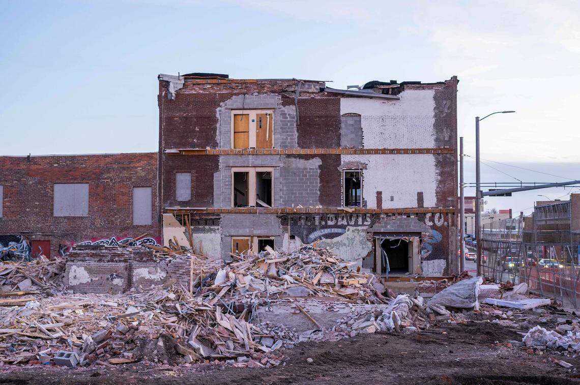 Demolition of the historic Jeserich building was underway on Tuesday, Dec. 16, 2025, at 31st and Main Streets. The process is “very, very difficult,” Chuck Cacioppo, Jr., president of Industrial Salvage & Wrecking Co. said - especially because of proximity to the KC Streetcar stop.