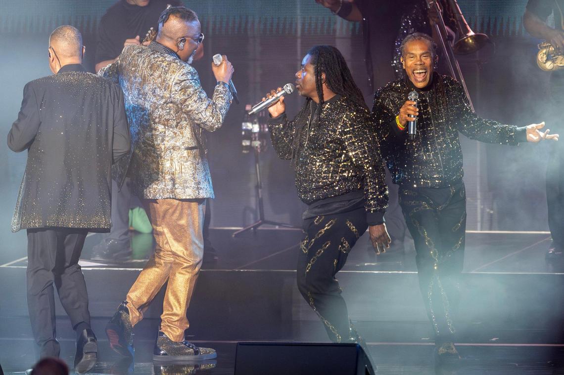 Earth, Wind & Fire perform “System of Survival” during their concert at Starlight Theatre on Friday, July 18, 2025, in Kansas City.