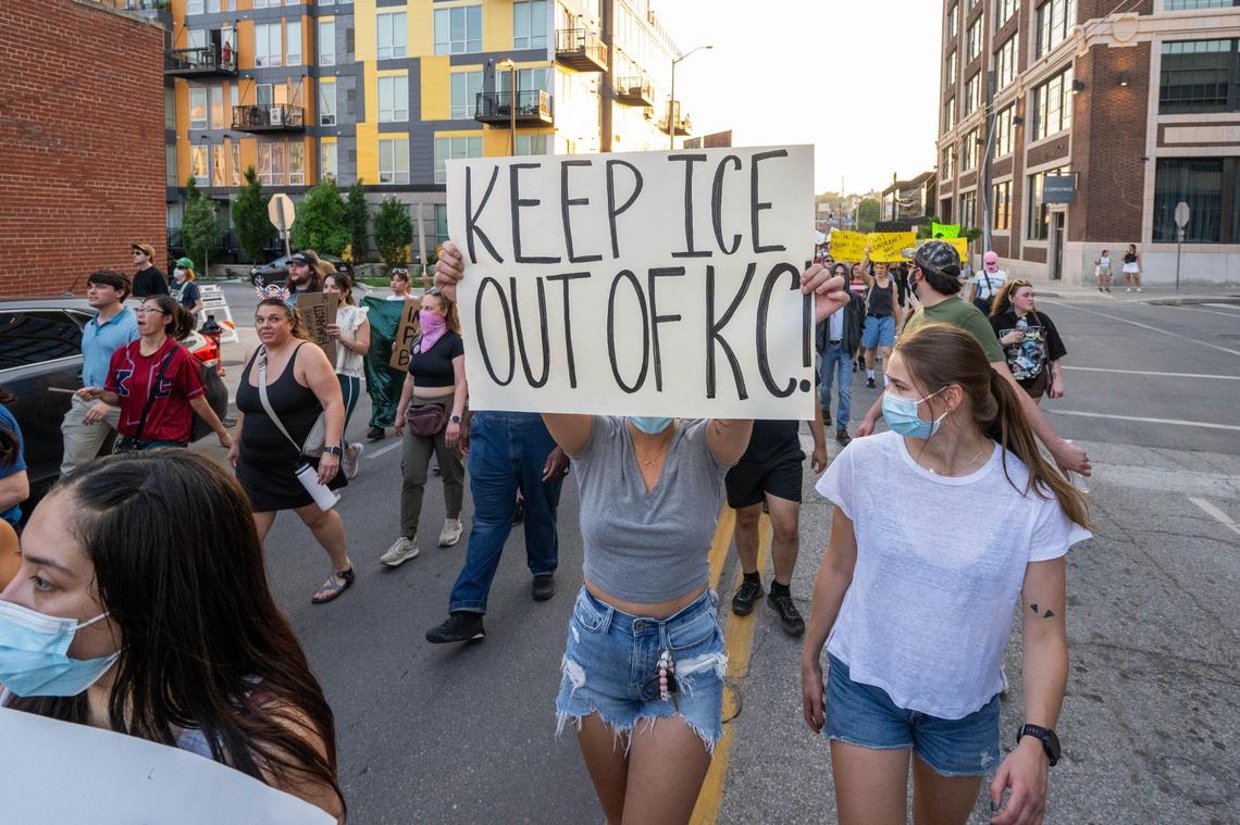 Several hundred people marched through downtown towards the Liberty Memorial during a “Shut Down ICE” protest on Kansas City’s Westside and downtown in June 2025. 