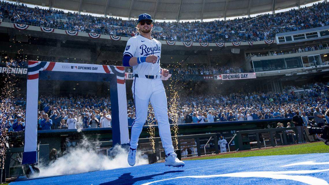 Kansas City Royals shortstop Bobby Witt Jr. steps out of the dugout onto the field before the MLB Opening Day game against the Minnesota Twins on Thursday at Kauffman Stadium.