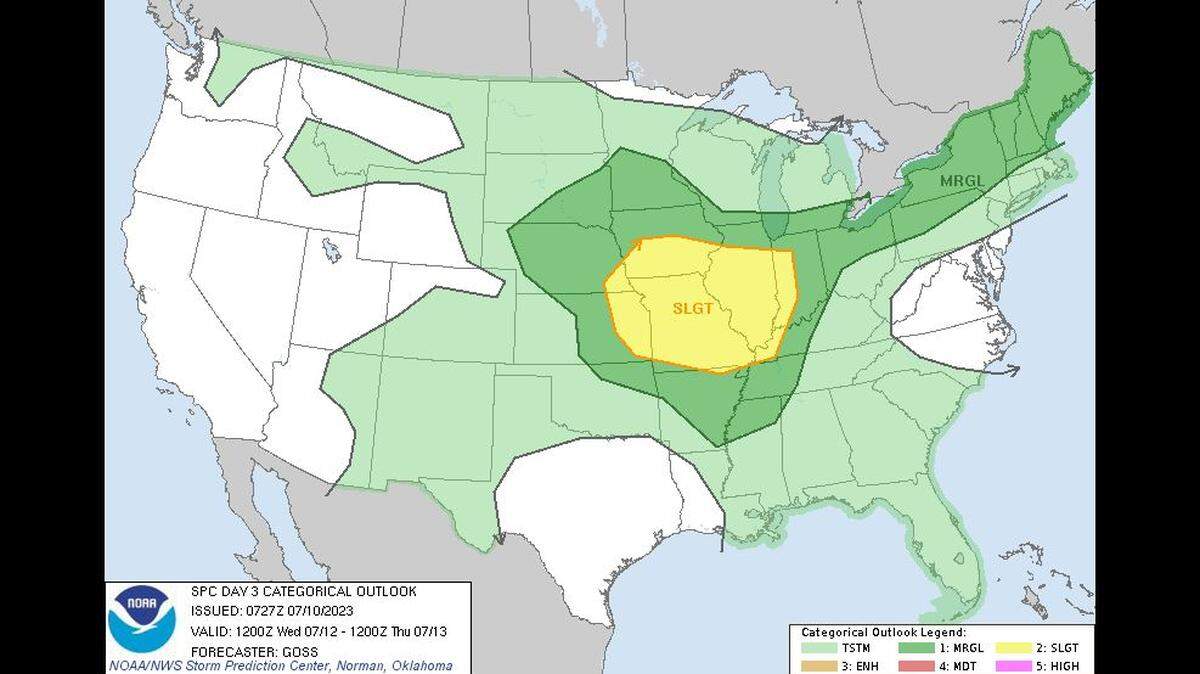 There is a slight risk of severe thunderstorms in the Kansas City area on Wednesday, according to the National Weather Service’s Storm Prediction Center. Damaging winds and hail are the primary threats from the storm.
