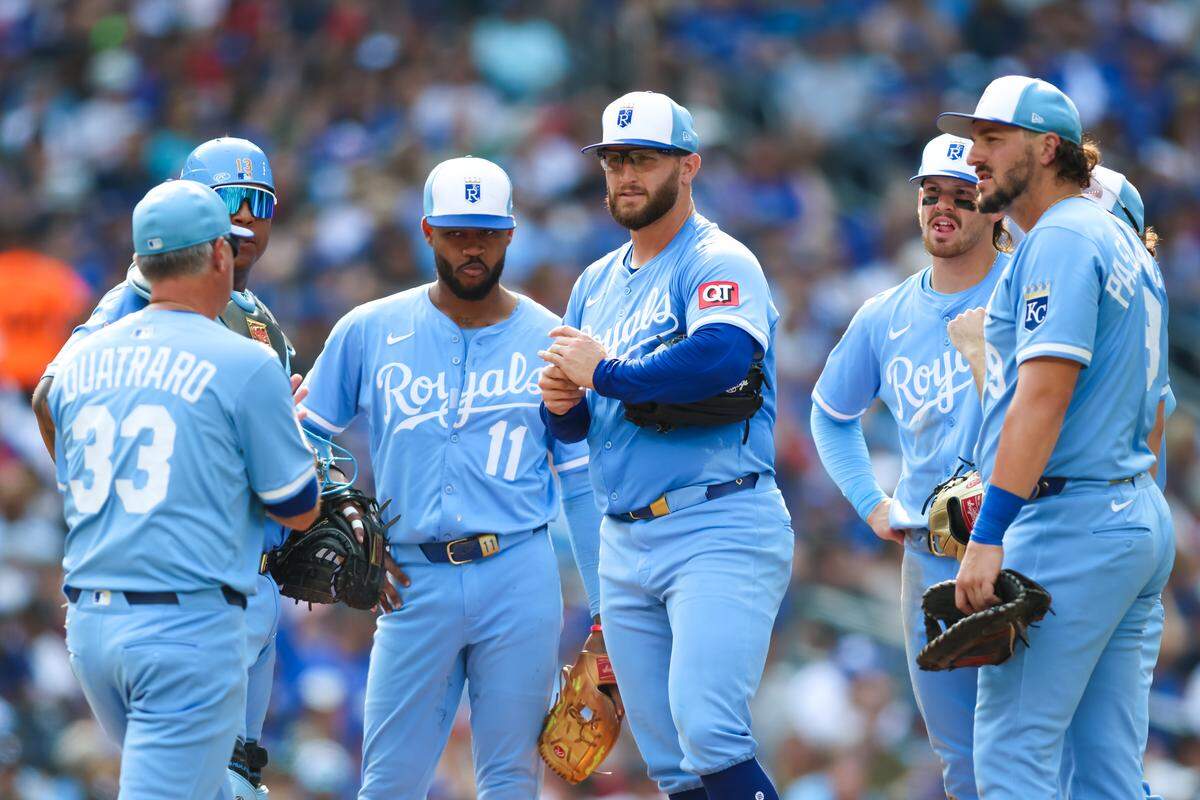 Royals pitcher Noah Cameron, center, leaves the mound in the seventh inning of a game against the Blue Jays at Rogers Centre in Toronto on August 2, 2025.