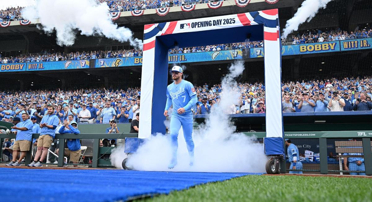 Kansas City Royals shortstop Bobby Witt Jr. (7) takes the field for introductions during the opening day game Thursday, March 27, 2025, at Kauffman Stadium.