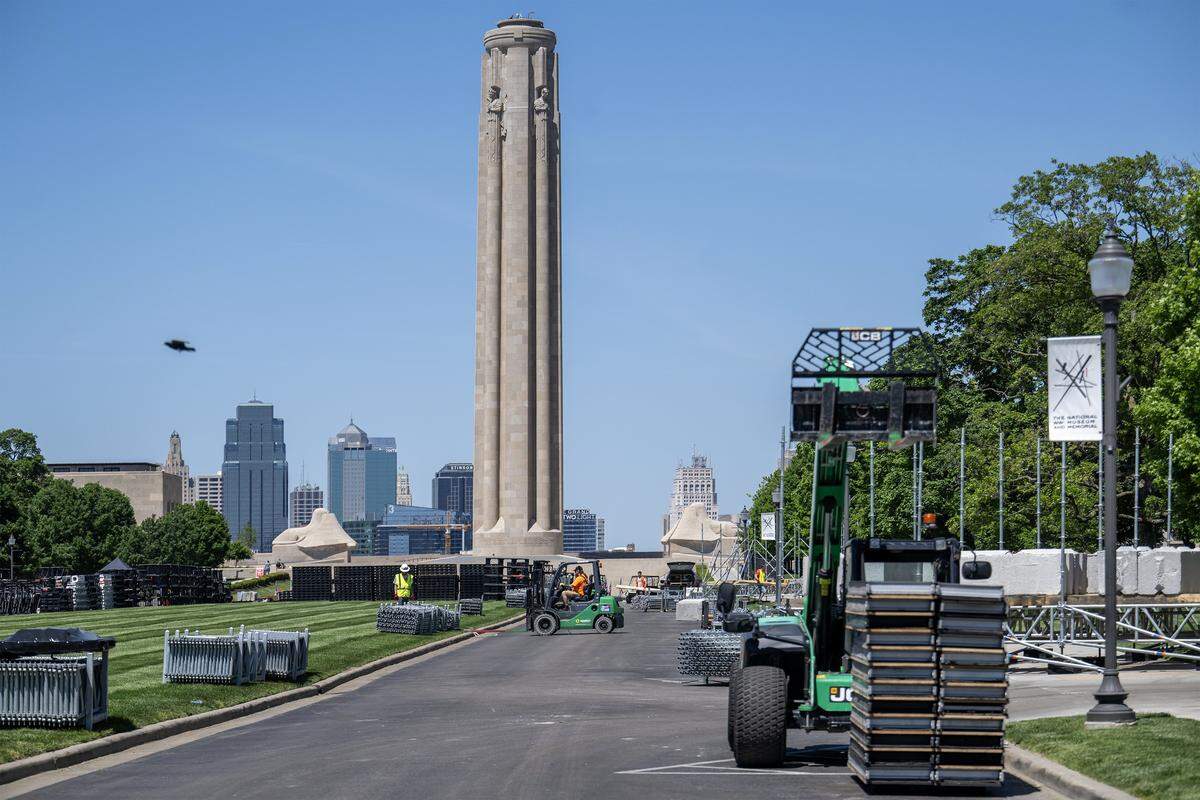 Crews unloaded equipment Monday, May 11, 2026, at the National WWI Museum and Memorial as setup began for the FIFA Fan Festival. The free event will run for 18 select dates during FIFA World Cup 26, spanning June 11 through July 11 in Kansas City.