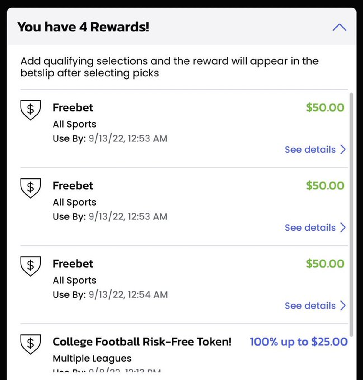 A screenshot of Shaun Newkirk's BetMGM free bet receivings.