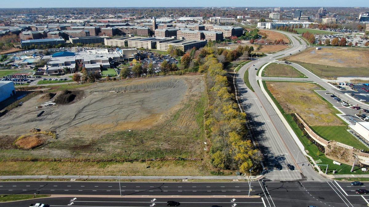 Vacant land sits is seen along the west side of Nall Avenue just south of 115th Street (top right) near the Aspiria campus in Overland Park on Wednesday, Nov. 14. The office area includes several five-story parking garages.