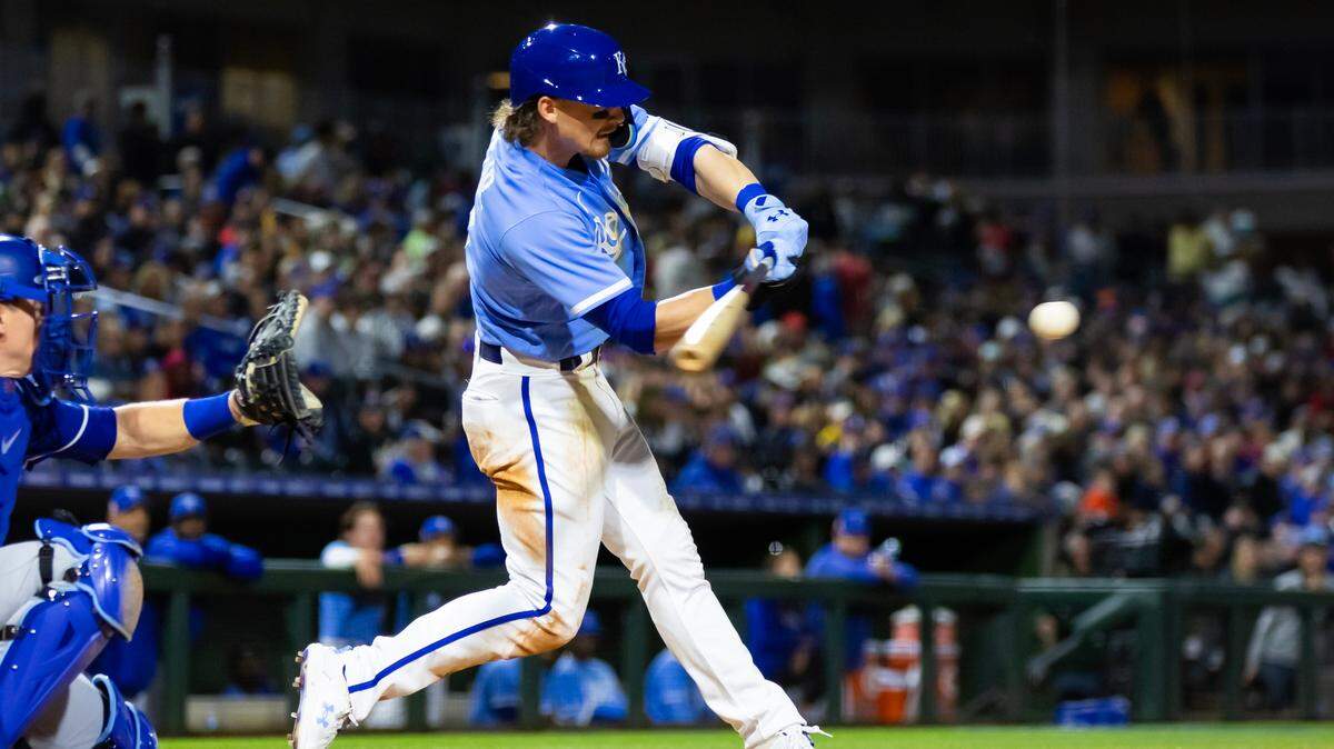 Mar 4, 2023; Surprise, Arizona, USA; Kansas City Royals shortstop Bobby Witt Jr. against the Los Angeles Dodgers during a spring training game at Surprise Stadium.