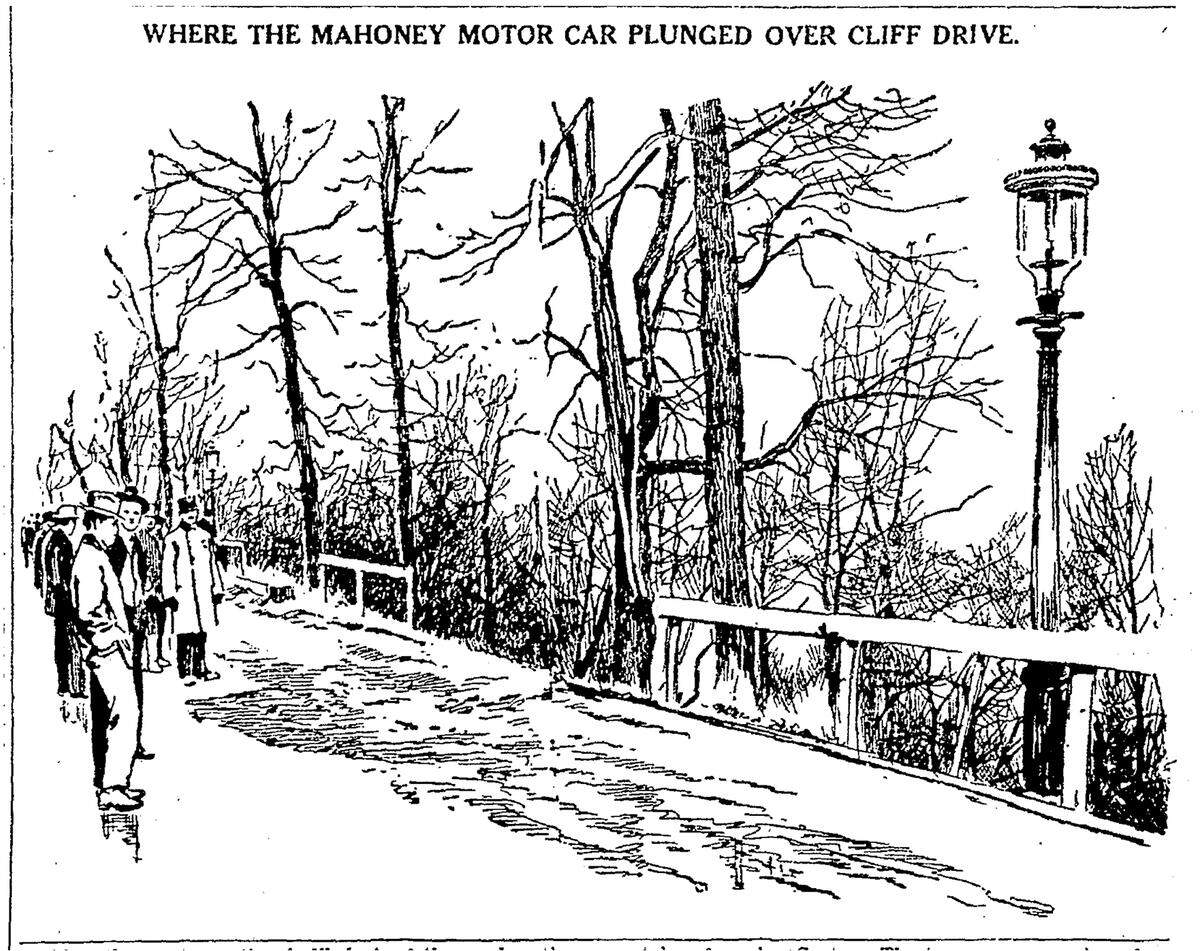 Illustration showing where Mahoney’s car crashed through the guardrail ran in The Kansas City Star on January 25, 1910.