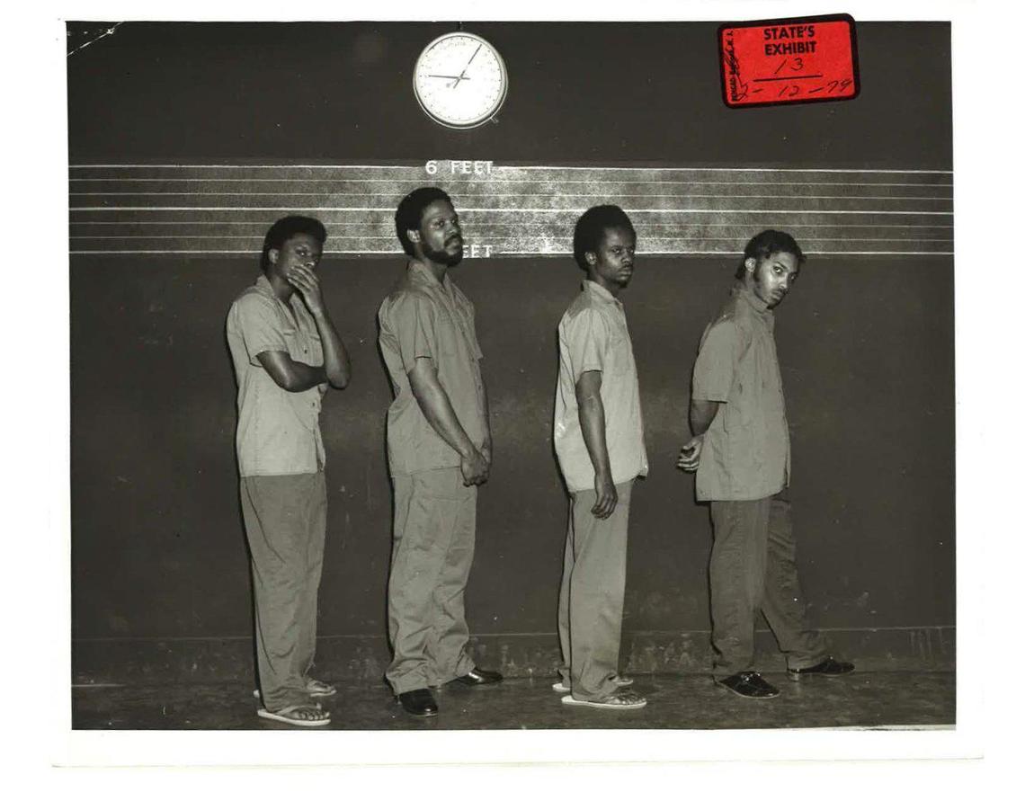 Then 18, Kevin Strickland, far right, stands for a lineup April 26, 1978, at the Kansas City Police Department. Cynthia Douglas, the lone eyewitness to the shooting, identified Strickland at the lineup, but later told relatives she was pressured into doing so.