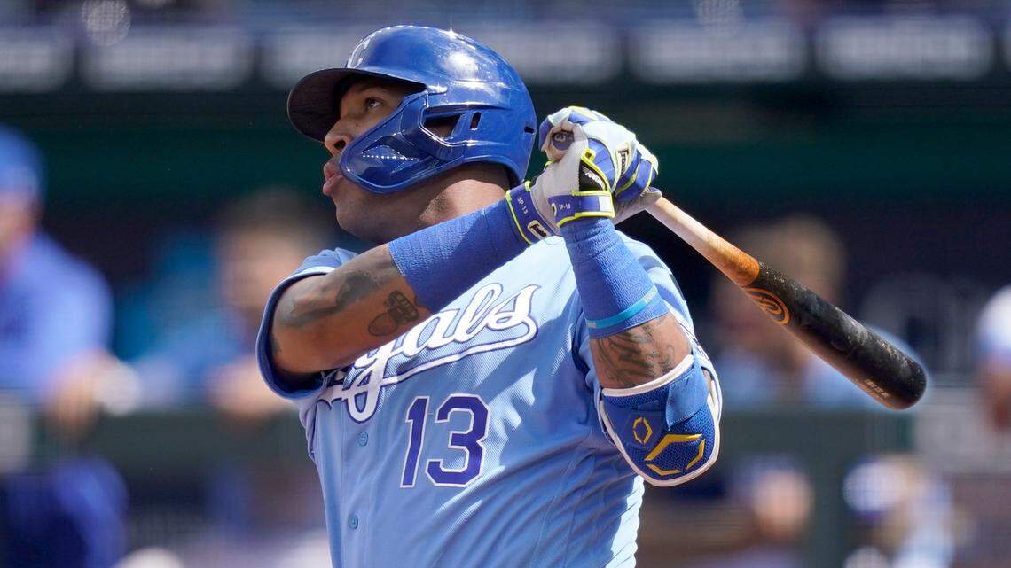 Kansas City Royals Salvador Perez hits a two-run home run during the seventh inning of a baseball game against the Toronto Blue Jays at Kauffman Stadium in Kansas City, Mo., Sunday, April 18, 2021. (AP Photo/Orlin Wagner)