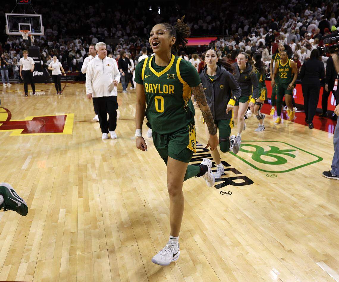 Taliah Scott of the Baylor Bears celebates with teammate after winning 72-70 over the Iowa State Cyclones at Hilton Coliseum on Jan. 4 in Ames, Iowa.