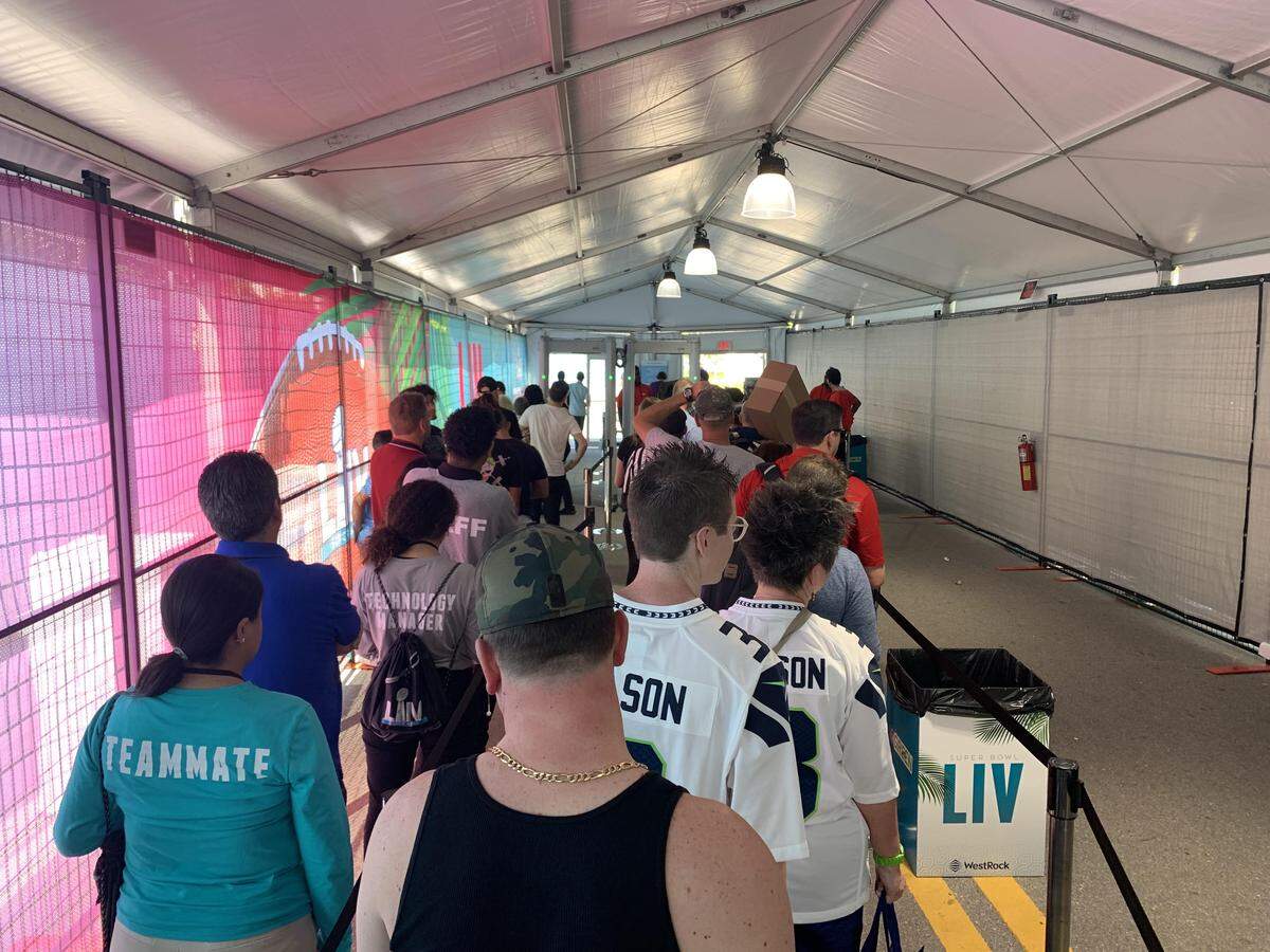 The line to get into Super Bowl Live looked daunting but moved pretty fast at the Miami Beach Convention Center.
