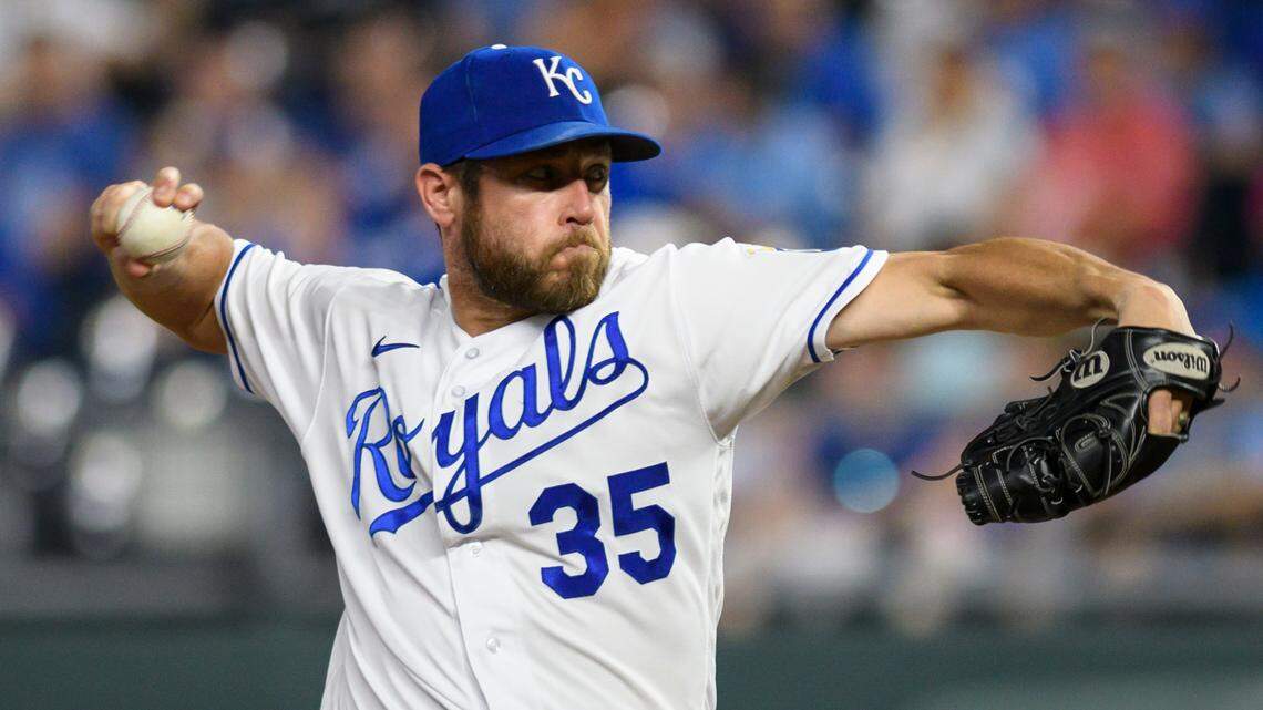 Kansas City Royals relief pitcher Greg Holland throws to a Detroit Tigers batter during the ninth inning of a baseball game in Kansas City, Mo., Tuesday, June 15, 2021.