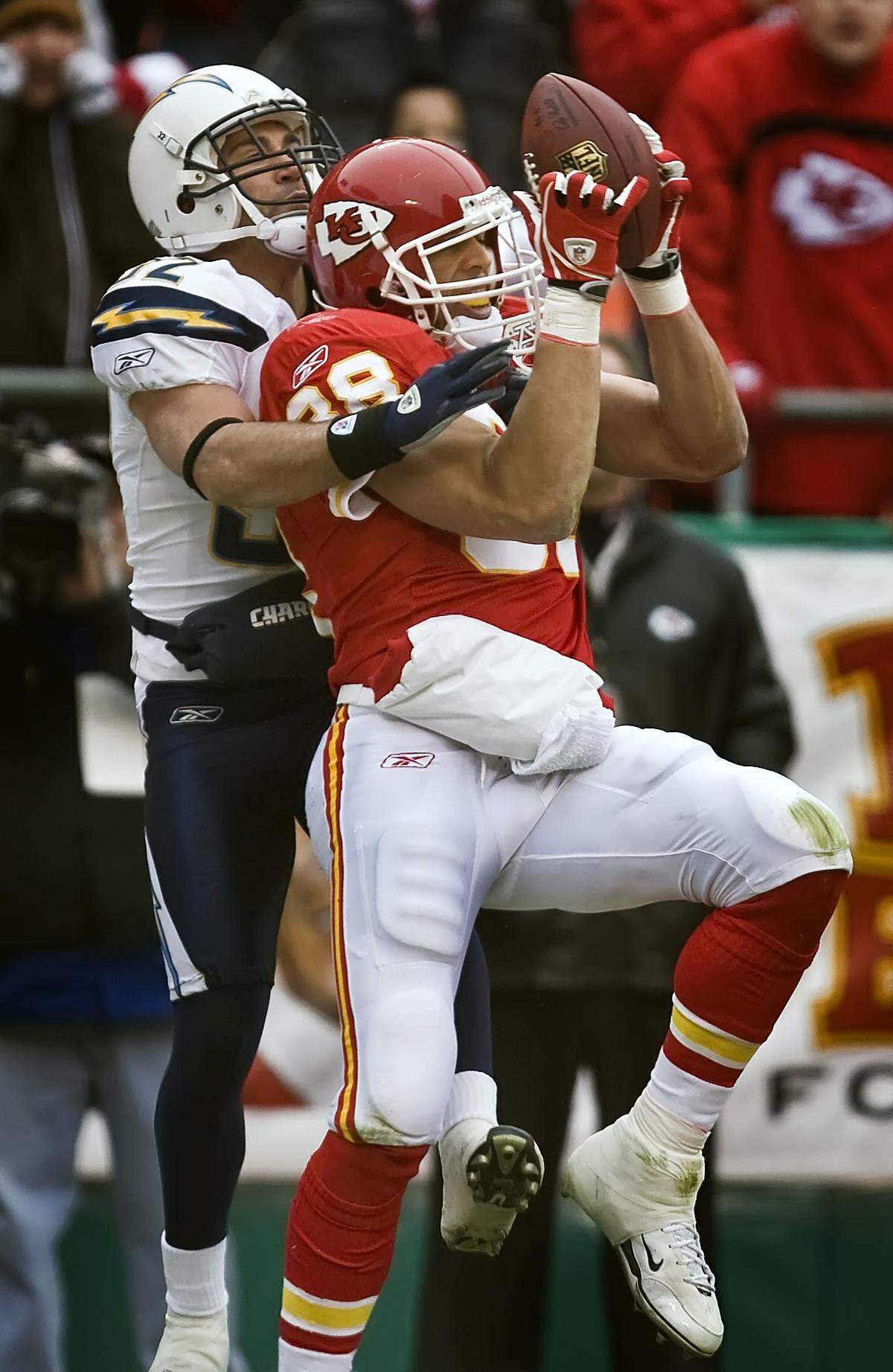 Kansas City Chiefs tight end Tony Gonzalez jumped in front of San Diego Chargers safety Eric Weddle in the first quarter for a Chiefs touchdown on Dec.14, 2008, at Arrowhead Stadium.
