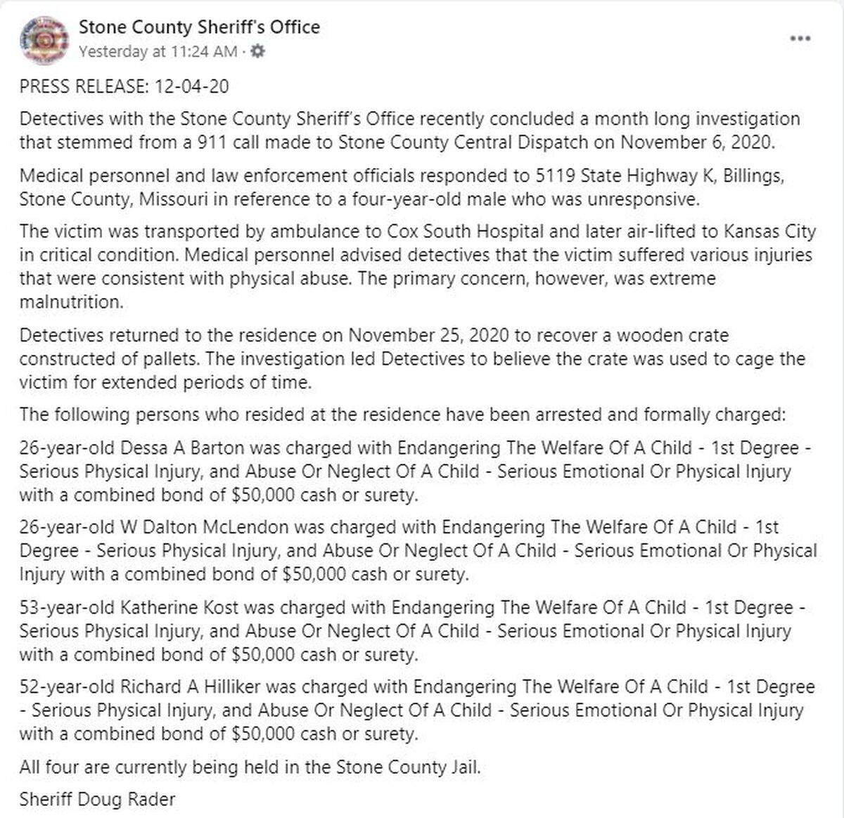 The Stone County Sheriff’s Office announced Friday that four people had been arrested and charged connected to a child abuse investigation. 