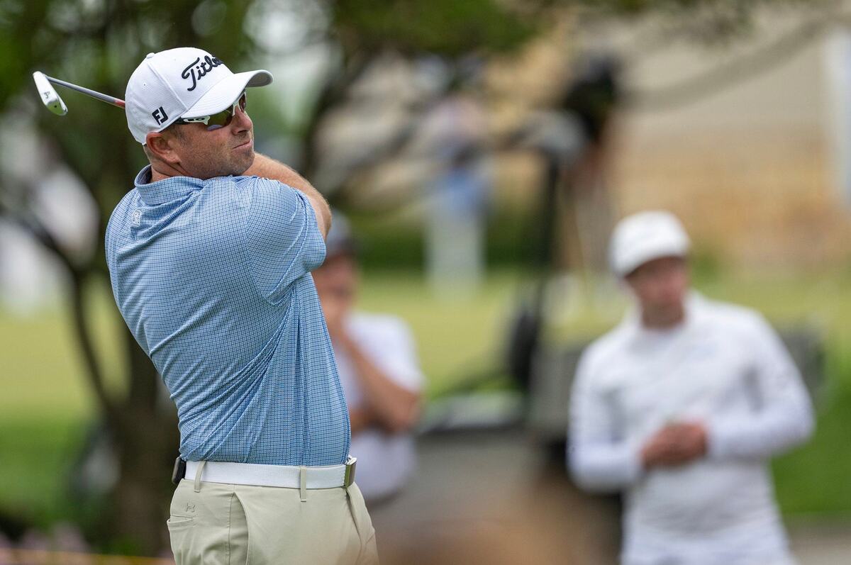 Dan McCarthy of Syracuse, New York, watches his shot on the 10th hole during the first round of the AdventHealth Championship, a PGA TOUR-sanctioned event on the Korn Ferry Tour on Thursday, May 16, 2024, at Blue Hills Country Club in Kansas City.
