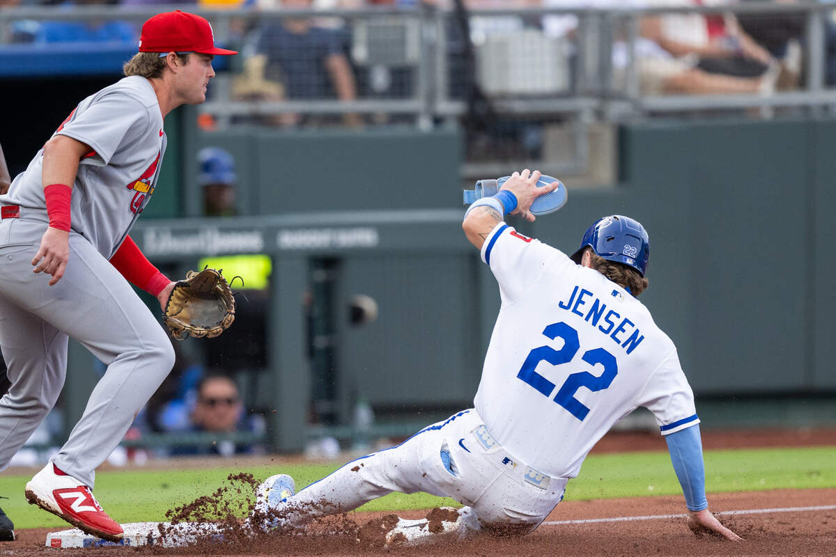 Royals catcher Carter Jensen slides into third base during KC’s 14-6 win against the St. Louis Cardinals at Kauffman Stadium in Kansas City on Thursday, June 18, 2026.