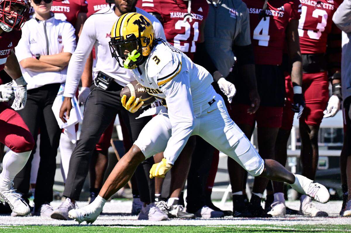 Missouri Tigers receiver Luther Burden III (pictured) was QB Brady Cook’s favorite target during Saturday’s win against the Massachusetts Minutemen. Burden hauled in five passes for 59 yards at Warren McGuirk Alumni Stadium in Amherst, Mass.
