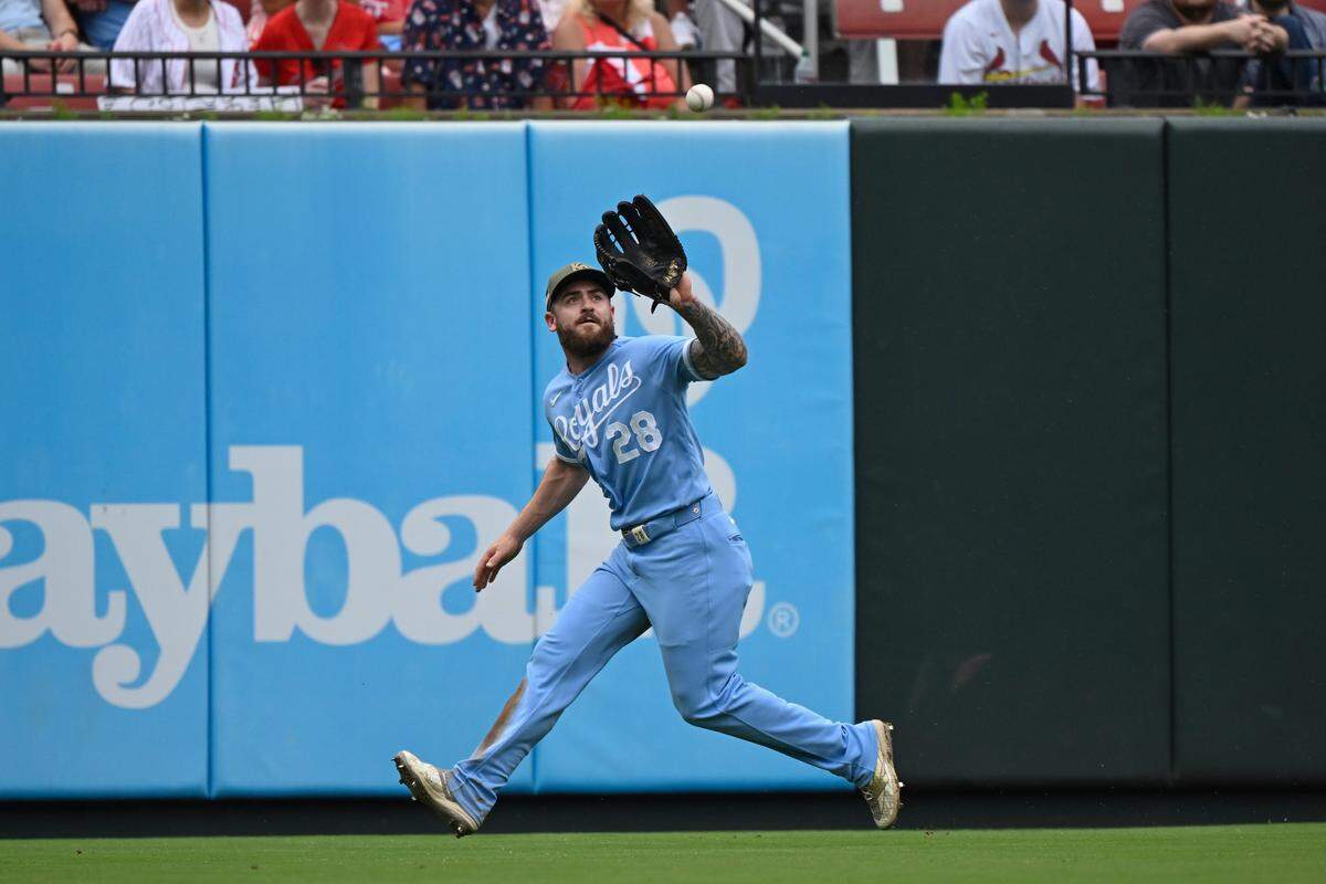 Royals center fielder Kyle Isbel catches a fly ball for a Cardinals out in the second inning of a game at Busch Stadium in St. Louis on Saturday, May 16, 2026.
