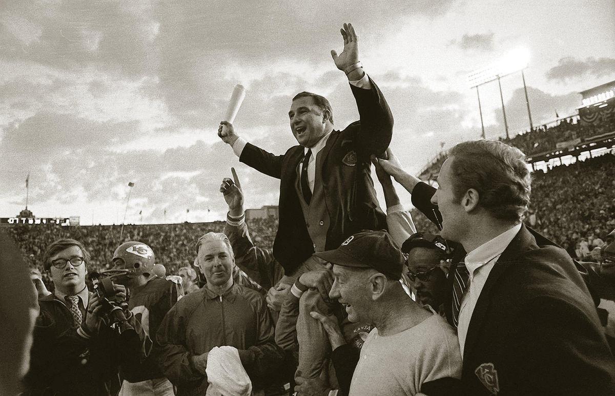 Kansas City Chiefs head coach Hank Stram was carried off the field after the Chiefs won Super Bowl IV in 1970.