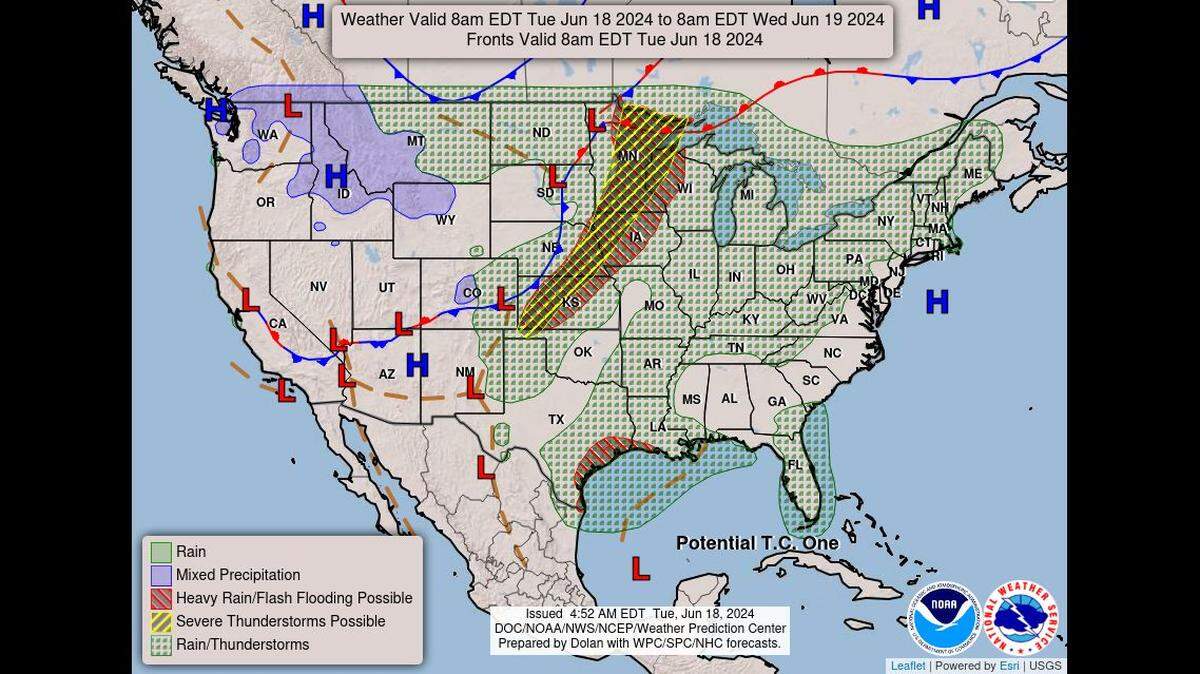Hot and humid weather is expected in the Kansas City, but rain could move into the region overnight Tuesday, according to the National Weather Service. There is a 45% chance for rain on the Juneteenth Holiday in Kansas City.