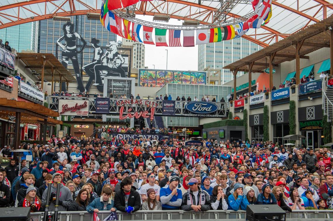 Fans gather to watch the U.S. vs Iran game at a World Cup watch party at the Power and Light District on Tuesday, Nov. 29, 2022.