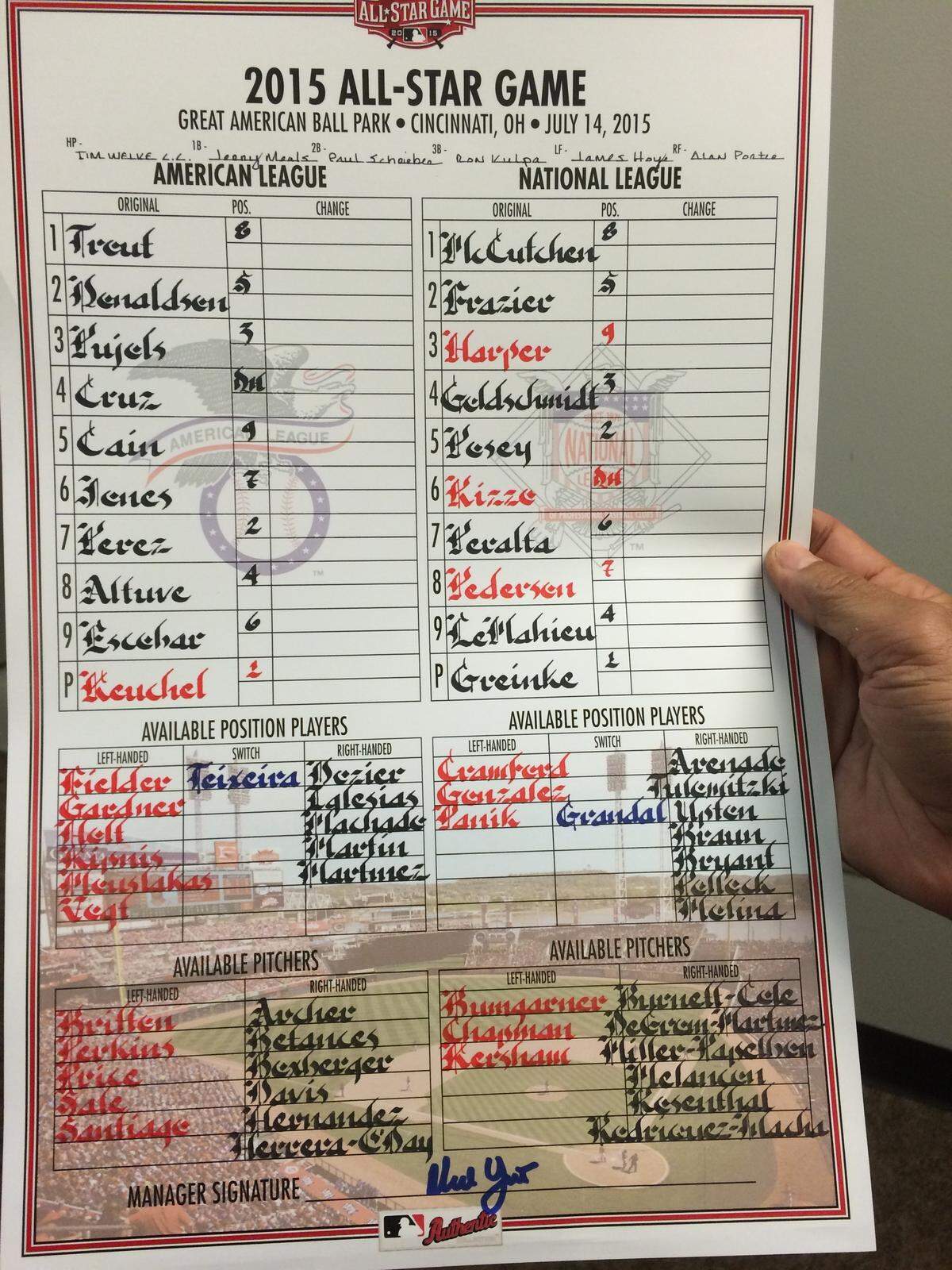 Former Royals bench coach Don Wakamatsu was known for penning artistic lineup cards. Here’s the one he did for the All-Star Game on Ned Yost’s American League staff after KC held the honor of coaching the AL after winning the World Series.