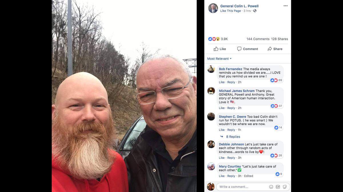 Colin Powell said Afghanistan war veteran Anthony Maggert, who lost his leg, helped him with a flat tire on Interstate 495 outside Washington, D.C. The general said that is “what this country is all about.”