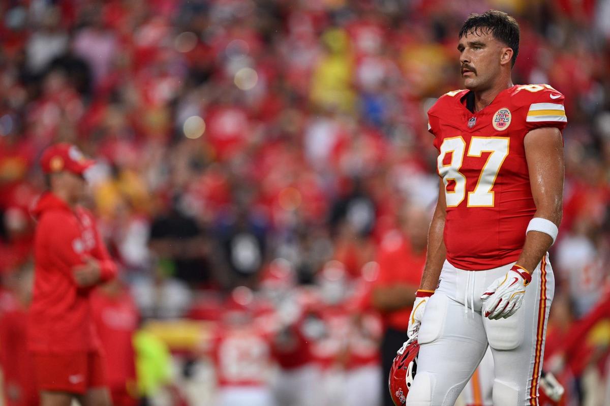 Kansas City Chiefs tight end Travis Kelce was on the field before the Chiefs’ home opener with the Baltimore Ravens Thursday, Sept. 5, 2024, at GEHA Field at Arrowhead Stadium.