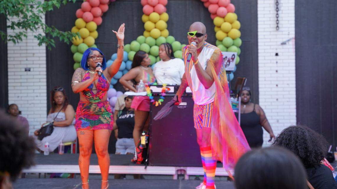 Pride on the Vine organizer, Marquez Beasley, right and co-host Shirley Jones, left, take to the stage for the fourth annual event that took place June 1.